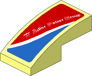 Slope Brick Curved  2 x  1 with White Adler Pelzer Logo and Blue Triangle on Red Background Right Sticker