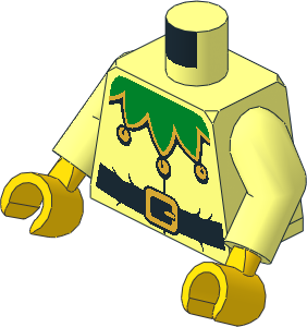Minifig Torso with Arms and Hands with Green Necklace with Small Bells and Belt with Buckle Pattern