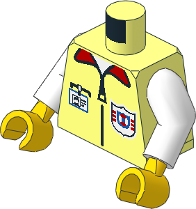 Minifig Torso with Arms and Hands with White Shirt, Red Collar, Black Zip, Badge and Coast Guard (1996) Logo Pattern