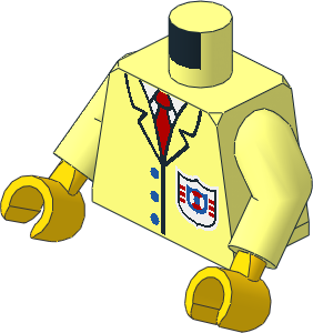 Minifig Torso with Arms and Hands with White Shirt, Red Tie, Black Suit Outline and Three Blue Buttons and Coast Guard (1996) Logo Pattern