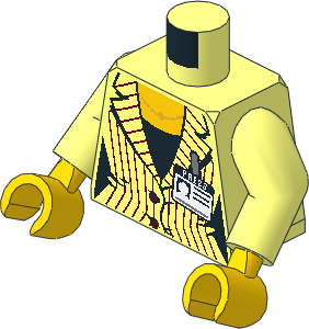 Minifig Torso with Arms and Hands with Suit Jacket with Dark Red Pinstripes, Metallic Gold Necklace, Black Shirt and Press Badge Pattern