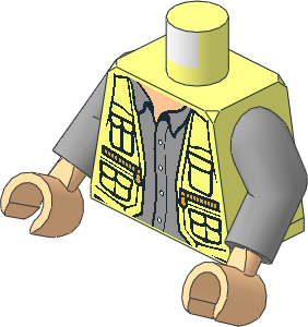 Minifig Torso with Arms and Hands with Leather Vest with Zipped Pockets, Light Bluish Grey Shirt and Knife on Back Pattern
