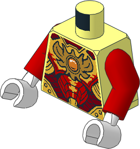 Minifig Torso with Red Arms and White Hands with Dark Red, Red and Gold Armour and Fire Chi Emblem Pattern