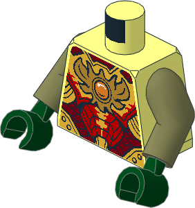 Minifig Torso with Olive Green Arms and Dark Green Hands with Dark Red, Red and Gold Armour and Fire Chi Emblem Pattern