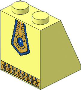 Slope Brick 65  2 x  2 x  2 with Gold Panel, Blue Jewel and Gold Fringe Pattern