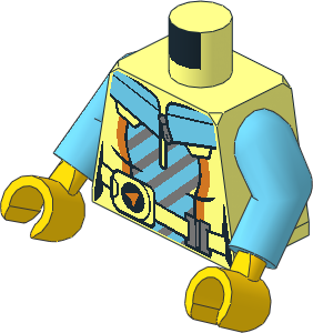 Minifig Torso with Arms and Hands with Jacket and Belt with Silver Buckle over Medium Azure Shirt with Silver Diagonal Stripes Pattern