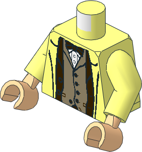 Minifig Torso with Arms and Hands with Trench Coat over Dark Brown Suit Jacket and Bow Tie, Dark Tan Vest and White Shirt Pattern