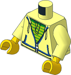 Minifig Torso with Arms and Hands with Hoodie with Zipper over Lime and Green Striped Shirt Pattern
