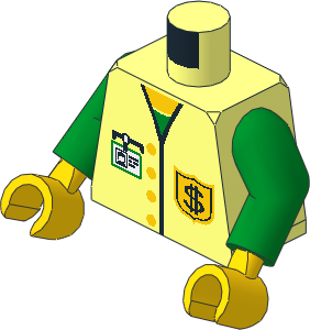 Minifig Torso with Arms and Hands with Vest with Buttons, ID Badge and Dollar Sign Badge Pattern