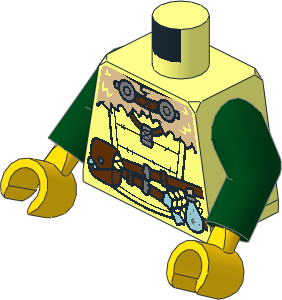 Minifig Torso with Arms and Hands with Tan Fur Cloak with Deer on Back, Reddish Brown Belts and Pouches and Light Blue Bottle Pattern