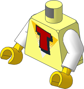 Minifig Torso with Arms and Hands with Red Capital Letter T on White and Yellow Triangle Pattern