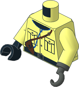 Minifig Torso with Arms, Right Hand and Left Hook Hand with Safari Shirt, Black Neck and Brown Holster Pattern