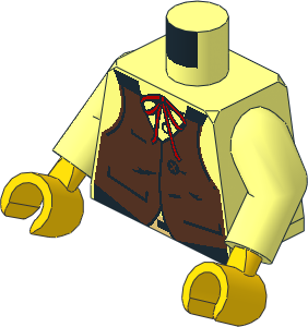 Minifig Torso with Arms and Hands with Brown Vest, Buckle and String Bowtie Pattern