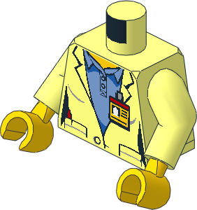 Minifig Torso with Arms and Hands with Female Lab Coat over Medium Blue Shirt with ID Badge and Space Shuttle Logo on Back Pattern