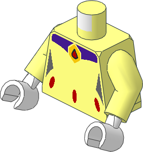 Minifig Torso with Arms and Hands with Female Outline with Red Ovals, Red and Yellow Amulet Pattern