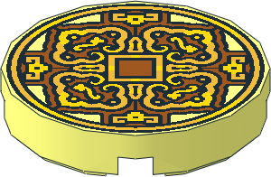 Tile  2 x  2 Round with Round Underside Stud with Dark Orange, Yellow and Metallic Gold Decorations (Coin) Pattern