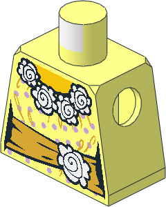 Minifig Torso with Female Blouse with Lavender Dots and White Flowers Collar, Gold Sash with Flower and Bow, Yellow Neck Pattern