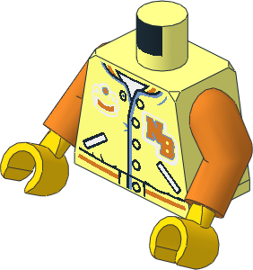 Minifig Torso with Arms and Hands with Sports Jacket with Orange "NB" and "SQUIDS" Pattern