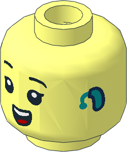 Minifig Head with Black Eyes, and Raised Eyelashes, Open Mouth Smile and Dark Turquoise Hearing Aid Pattern