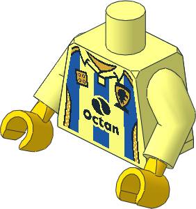 Minifig Torso with Arms and Hands with Soccer Shirt with Octan Logo and Blue Stripes Pattern