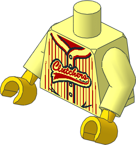 Minifig Torso with Arms and Hands with Vertical Red Stripes and "Clutchers" Pattern