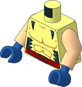 Minifig Torso with Arms and Hands with Black and Blue Marks, Red X-Men Buckle Belt Pattern
