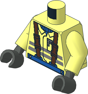 Minifig Torso with Arms and Hands with Blue Shirt, Brown Suspenders and Construction Jacket with Safety Stripes Pattern