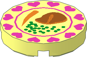 Tile  2 x  2 Round with Steak, Carrot and Peas on Dish with Dark Pink Hearts Pattern