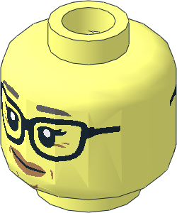 Minifig Head with Black Glasses, Dark Bluish Gray Eyebrows, Medium Nougat Lips and Wrinkles, Smirk / Smile 2-Sided Pattern