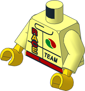Minifig Torso with Arms and Hands with Racing Jacket with Octan Logo, Red Belt, "RACE", and "TEAM" Pattern