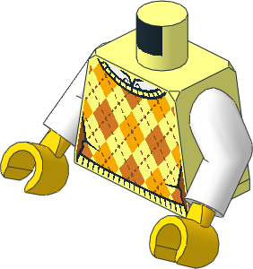 Minifig Torso with Arms and Hands with Knit Argyle Sweater Vest with Bright Light Orange and Orange Diamonds over White Shirt Pattern