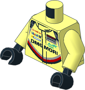 Minifig Torso with Arms and Hands with Race Suit with Porsche Logos and Black, Grey and Red Stripes Type  1 Pattern