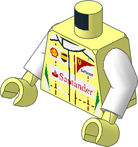 Minifig Torso with Arms and Hands with Race Suit with Scuderia Ferrari Logos and Tricolor Stripes Pattern