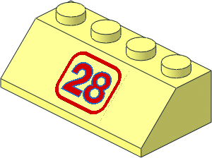 Slope Brick 45  2 x  4 with Sticker Red and Blue "28" on Transparent Background