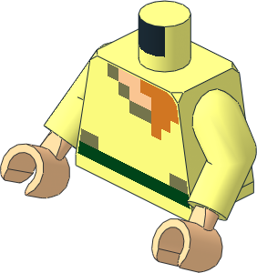 Minifig Torso with Arms and Hands with Dark Green Belt and Light Nougat, Olive Green and Orange Rectangles Pattern