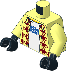 Minifig Torso with Arms and Hands with Ford Logo on White T-Shirt under Dark Red Tartan Shirt Pattern
