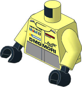 Minifig Torso with Arms and Hands with Race Suit with Porsche Logos, Black and Grey Stripes and Radio on Backside Pattern