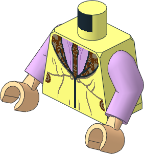 Minifig Torso with Arms and Hands with Reddish Brown and Dark Tan Tie and Lapels, Lavender Shirt Pattern