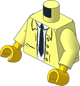 Minifig Torso with Arms and Hands with Open Jacket with  4 Metallic Gold Buttons over White Shirt and Tie Pattern