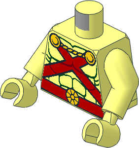 Minifig Torso with Arms and Hands with Red Straps and Belt, Yellow Clasps and Cord and Muscles Outline Pattern