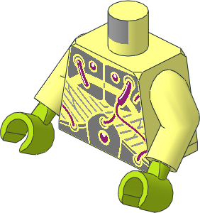 Minifig Torso with Arms and Lime Hands with Silver Metal Plates and Dark Pink Electrical Wires and Buttons Pattern