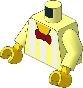 Minifig Torso with Arms and Hands with White Vertical Stripes, Yellow Chest and Red Bow Tie Pattern