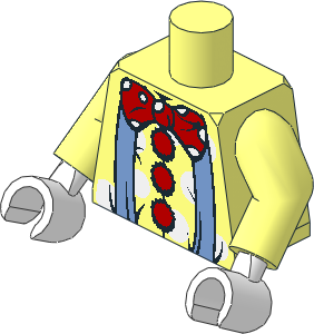 Minifig Torso with Arms and Hands with Medium Blue Suspenders, Red Bow, Red Buttons and White Dots Pattern