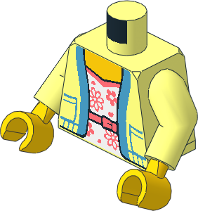 Minifig Torso with Arms and Hands with Cardigan with Dark Azure Trim Open over White Dress with Coral Flowers and Belt Pattern