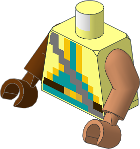 Minifig Torso with Arms and Hands with Pixelated Metallic Silver Strap over Vest with Yellow Trim, Dark Turquoise Shirt and Dark Brown Belt Pattern