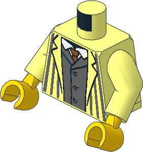 Minifig Torso with Arms and Yellow Hands with Jacket with Dark Bluish Grey Pinstripes and Vest, White Shirt and Dark Orange Tie Pattern