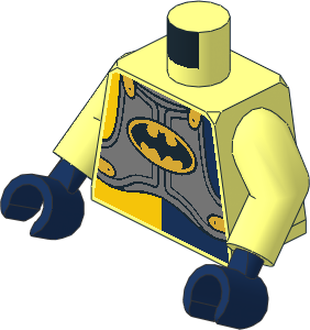 Minifig Torso with Arms and Hands with Silver Armour Plate, Batman Logo and Yellow/Dark Blue Shirt Pattern