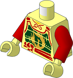 Minifig Torso with Arms and Hands with Red Sash, Dark Green Samurai Armour and Gold Phoenix Pattern