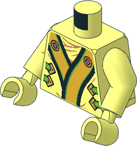 Minifig Torso with Arms and Hands with Robe, Black, Bright Green and Gold Trim, Clasps and Dragon Head Pattern