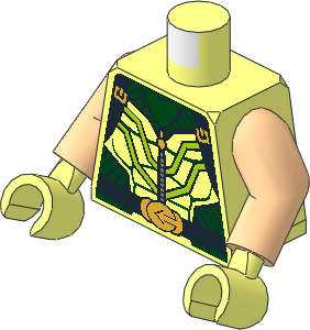 Minifig Torso with Arms and Hands with Black Striped Vest, Lime Lines, Zipper and Belt with Gold Arrow Buckle Pattern